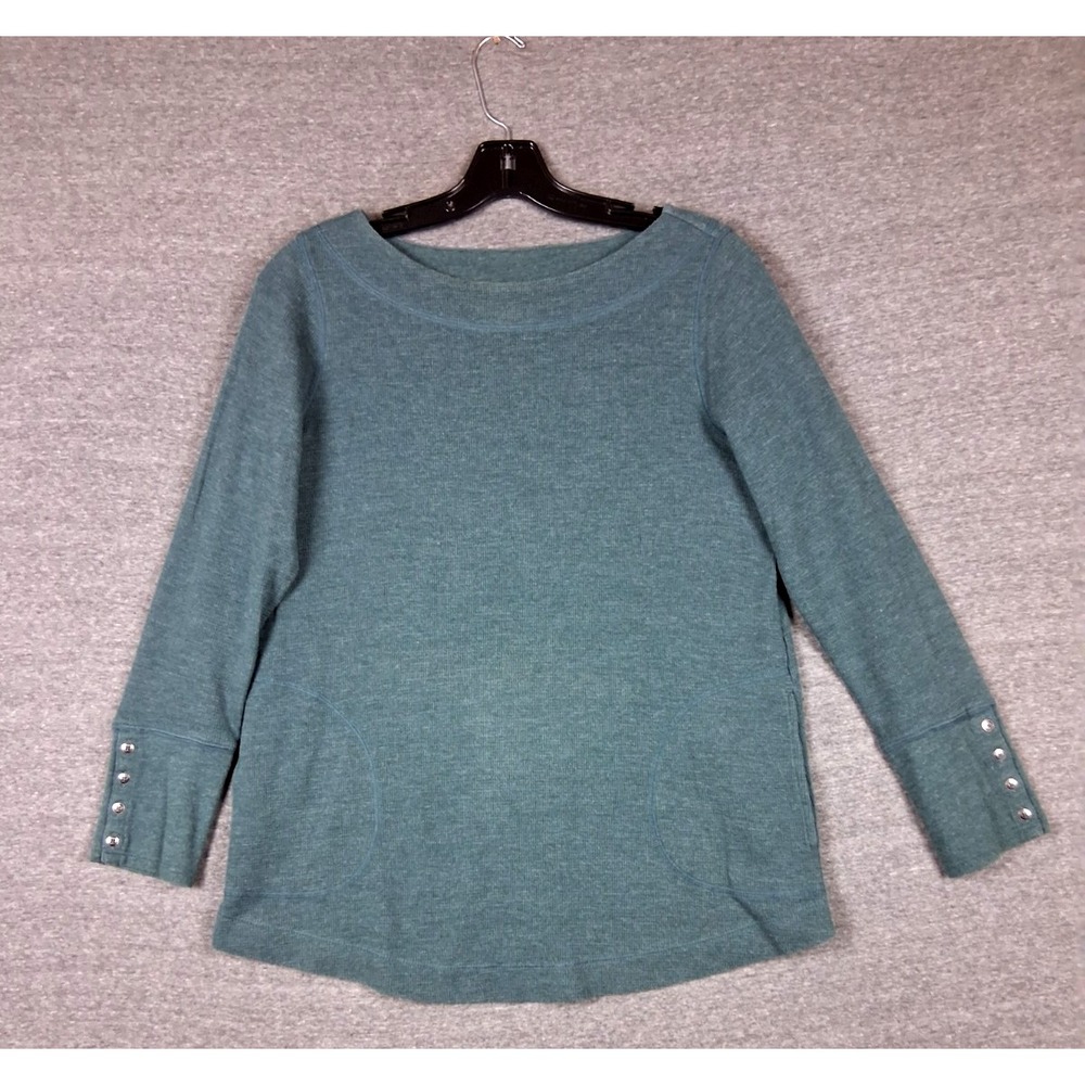 J Jill Womens Shirt S Green Waffle Knit Thermal Tunic Boat Neck Coastal Capsule